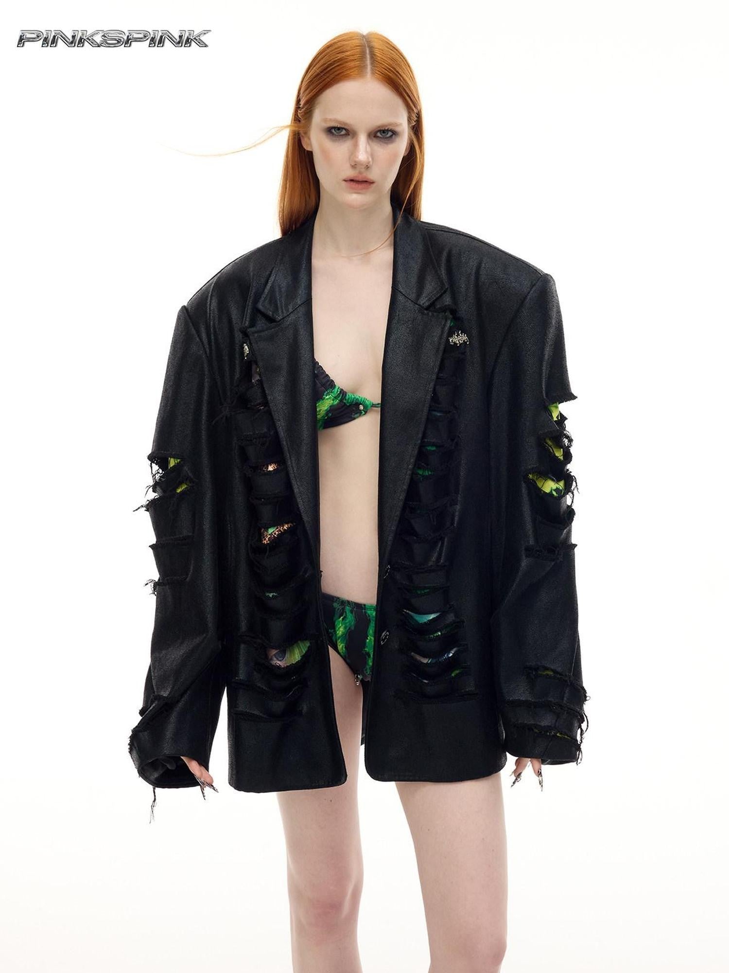 PINKSPINK Black Deconstructed Padded 3d Effect Loose Original Design Women's Cotton Blazers