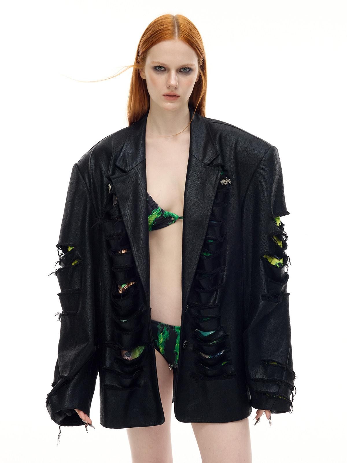 PINKSPINK Black Deconstructed Padded 3d Effect Loose Original Design Women's Cotton Blazers