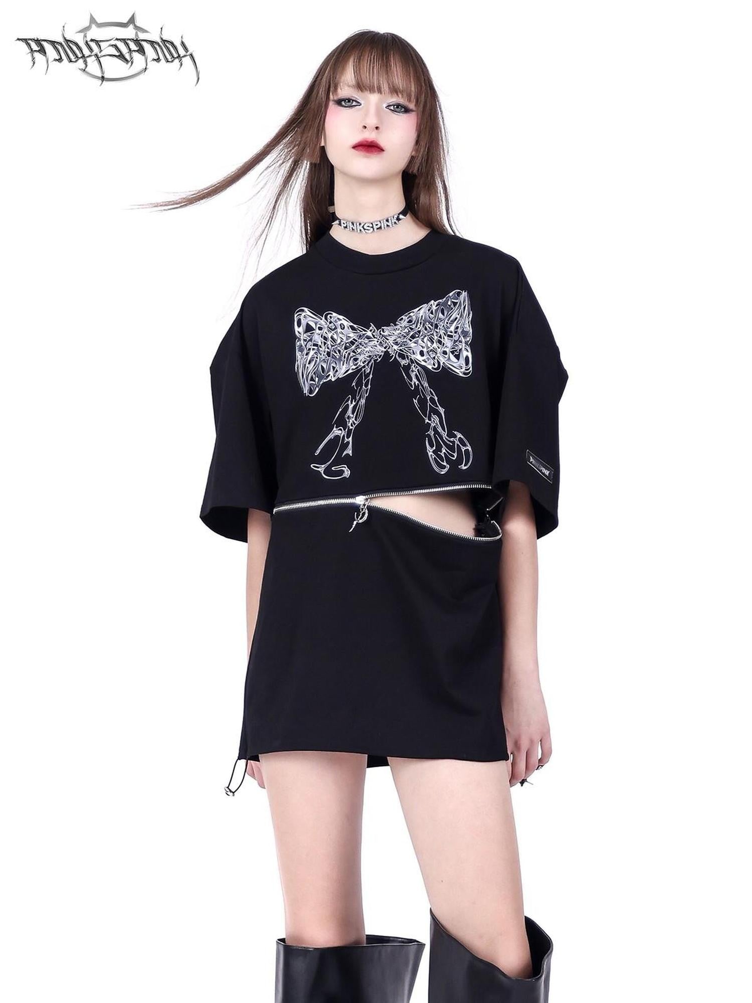 PINKSPINK Black Detachable Convertible Butterfly Bow Print Women's Short Sleeve T-shirts