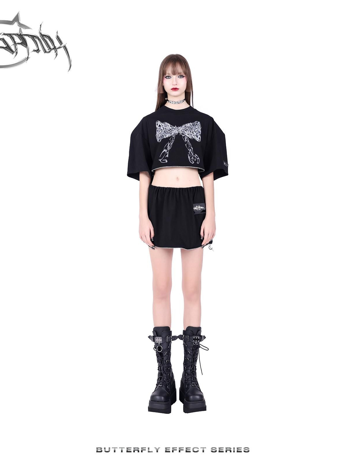 PINKSPINK Black Detachable Convertible Butterfly Bow Print Women's Short Sleeve T-shirts