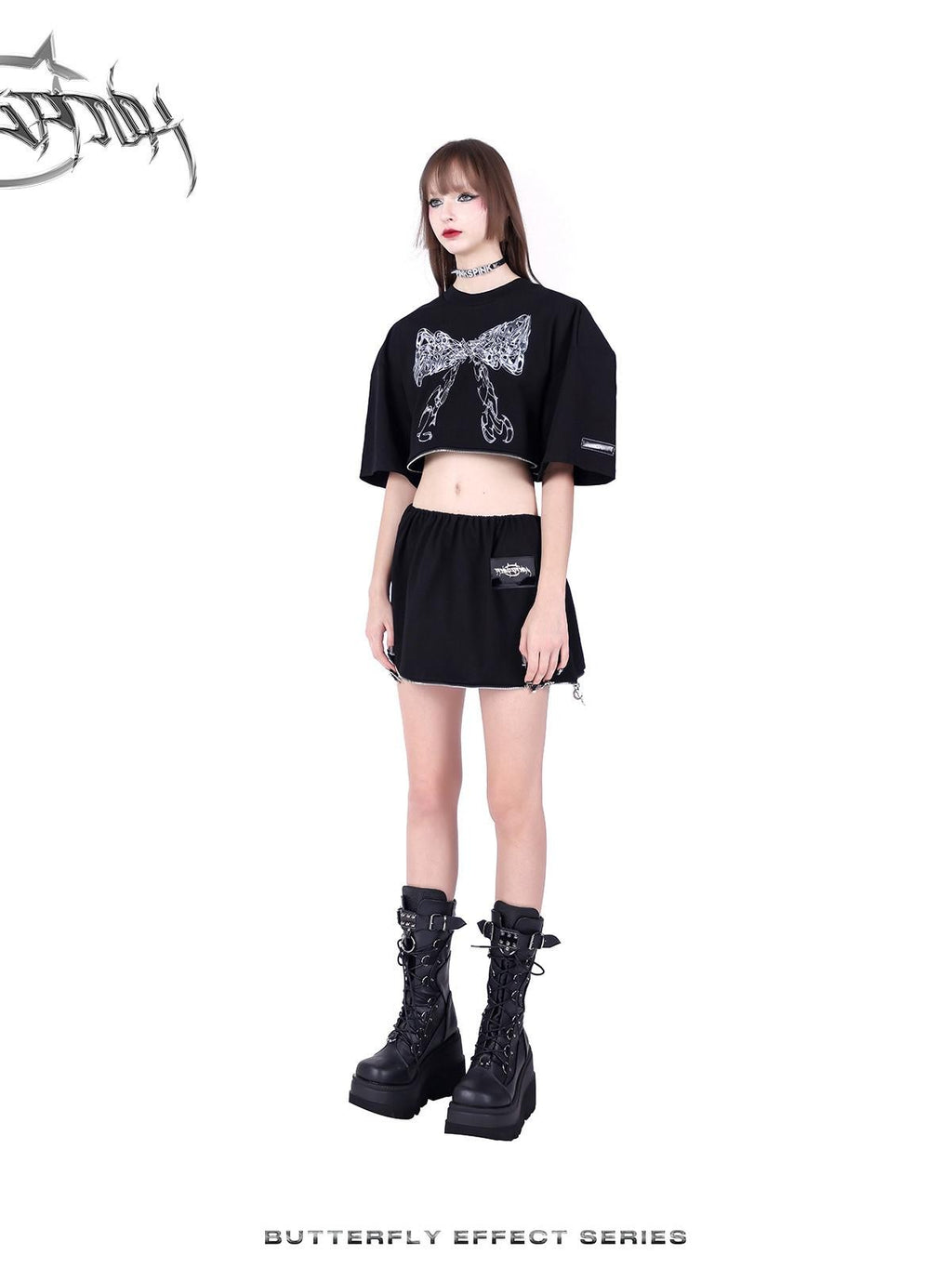 PINKSPINK Black Detachable Convertible Butterfly Bow Print Women's Short Sleeve T-shirts