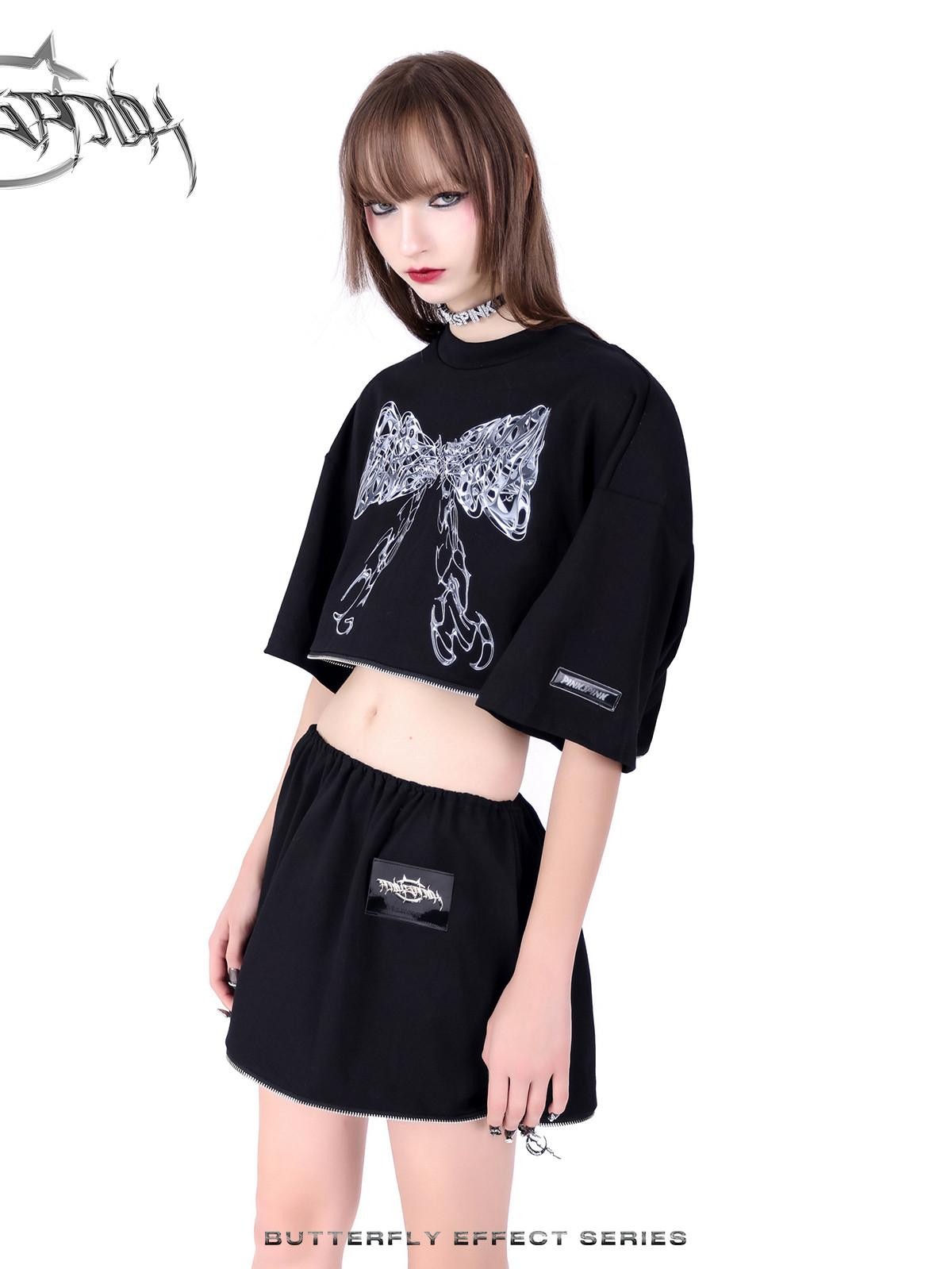 PINKSPINK Black Detachable Convertible Butterfly Bow Print Women's Short Sleeve T-shirts