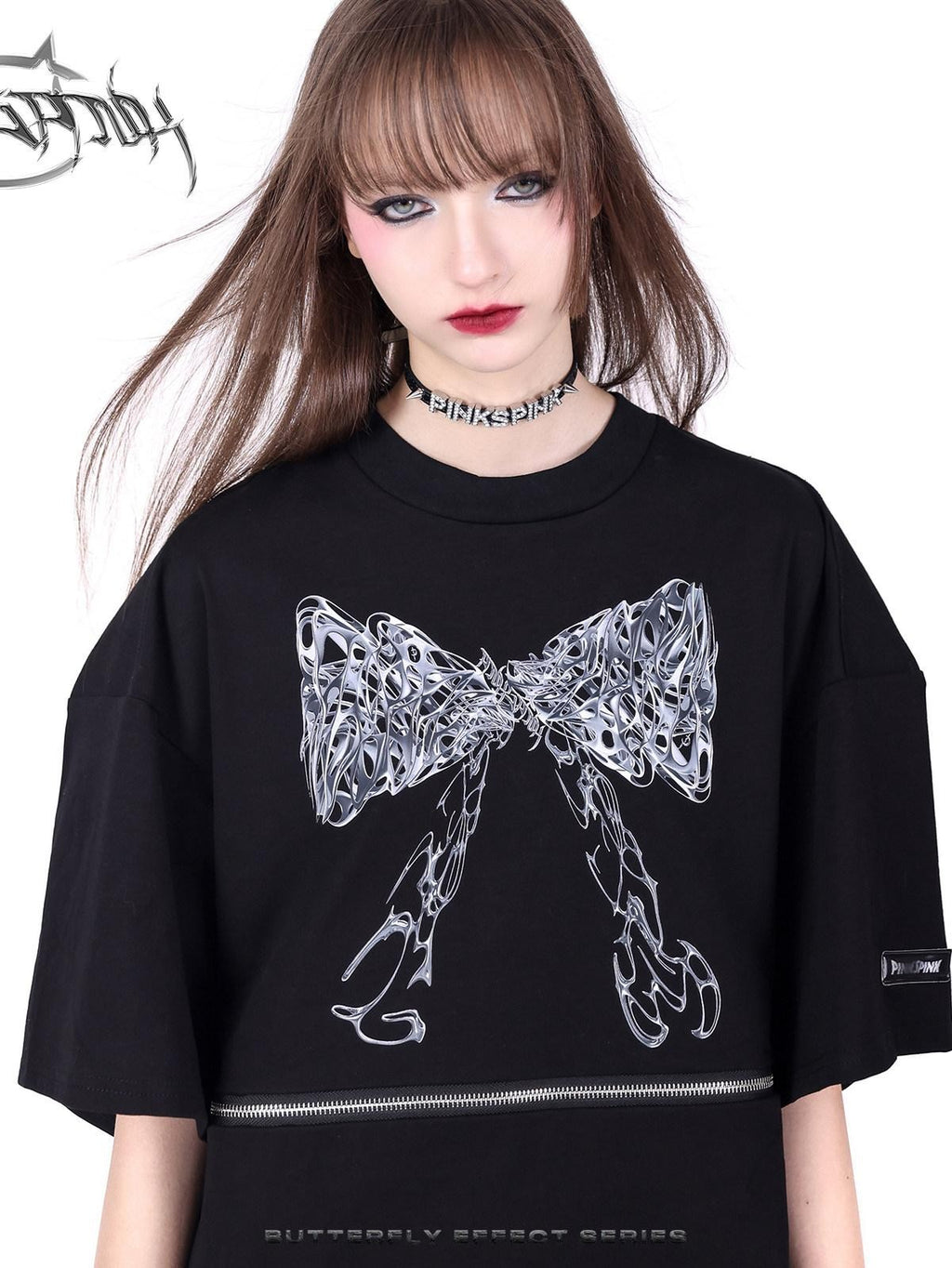PINKSPINK Black Detachable Convertible Butterfly Bow Print Women's Short Sleeve T-shirts