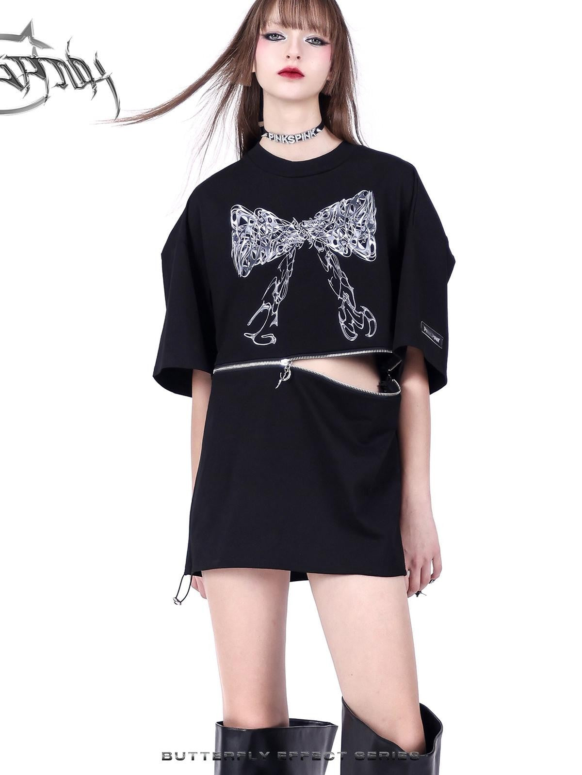 PINKSPINK Black Detachable Convertible Butterfly Bow Print Women's Short Sleeve T-shirts