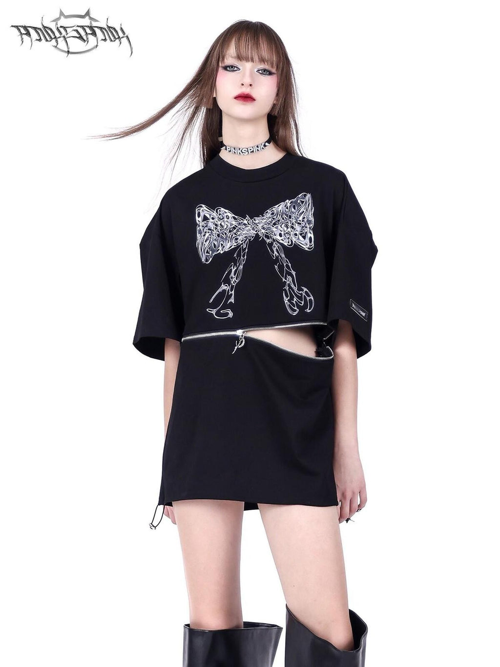 PINKSPINK Black Detachable Two Way Butterfly Print Loose Women's Short Sleeve T-shirts