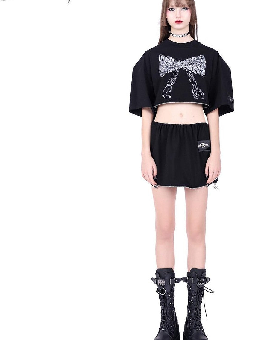 PINKSPINK Black Detachable Two Way Butterfly Print Loose Women's Short Sleeve T-shirts