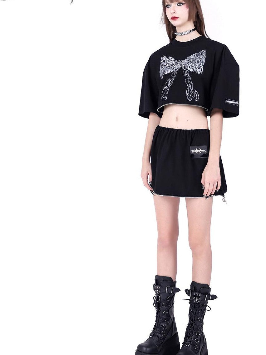 PINKSPINK Black Detachable Two Way Butterfly Print Loose Women's Short Sleeve T-shirts