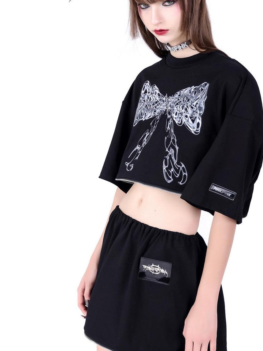 PINKSPINK Black Detachable Two Way Butterfly Print Loose Women's Short Sleeve T-shirts