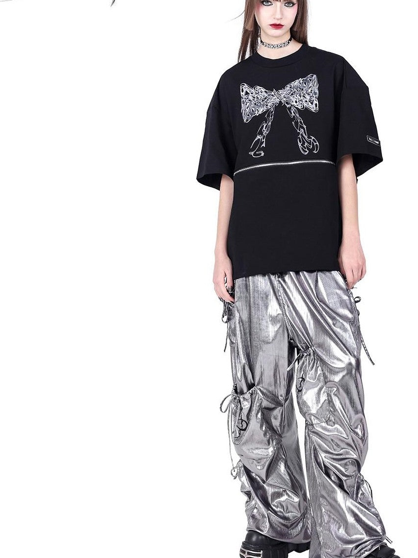 PINKSPINK Black Detachable Two Way Butterfly Print Loose Women's Short Sleeve T-shirts