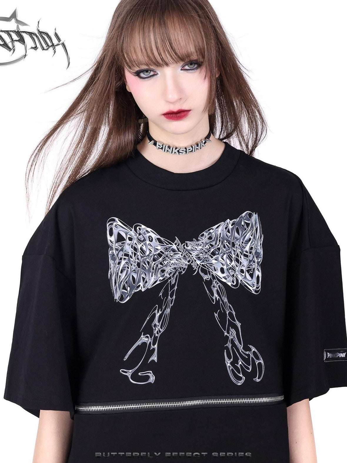 PINKSPINK Black Detachable Two Way Butterfly Print Loose Women's Short Sleeve T-shirts
