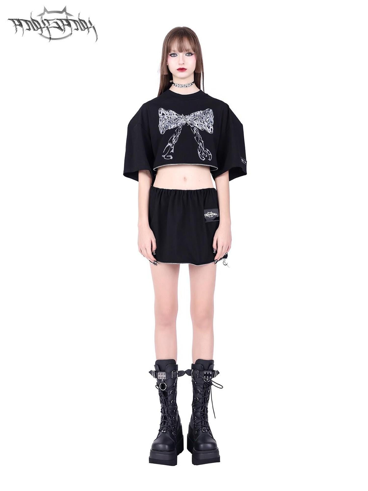 PINKSPINK Black Detachable Two Way Butterfly Print Loose Women's Short Sleeve T-shirts
