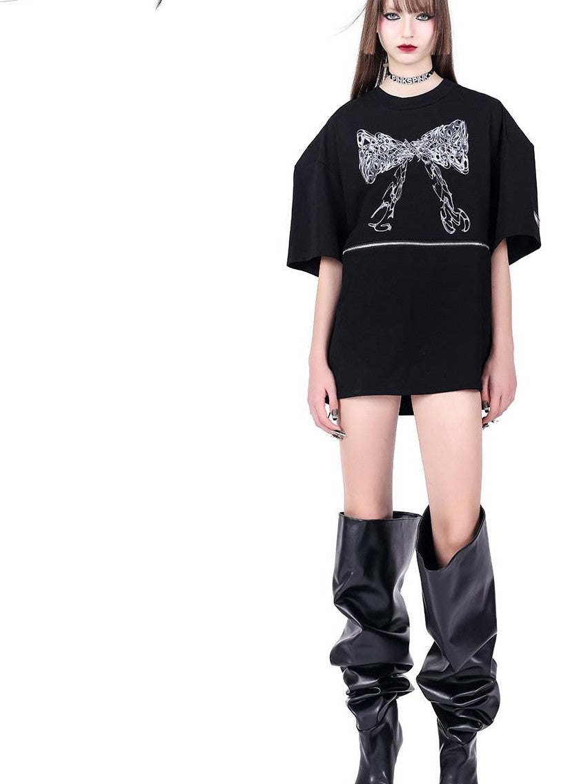 PINKSPINK Black Detachable Two Way Butterfly Print Loose Women's Short Sleeve T-shirts