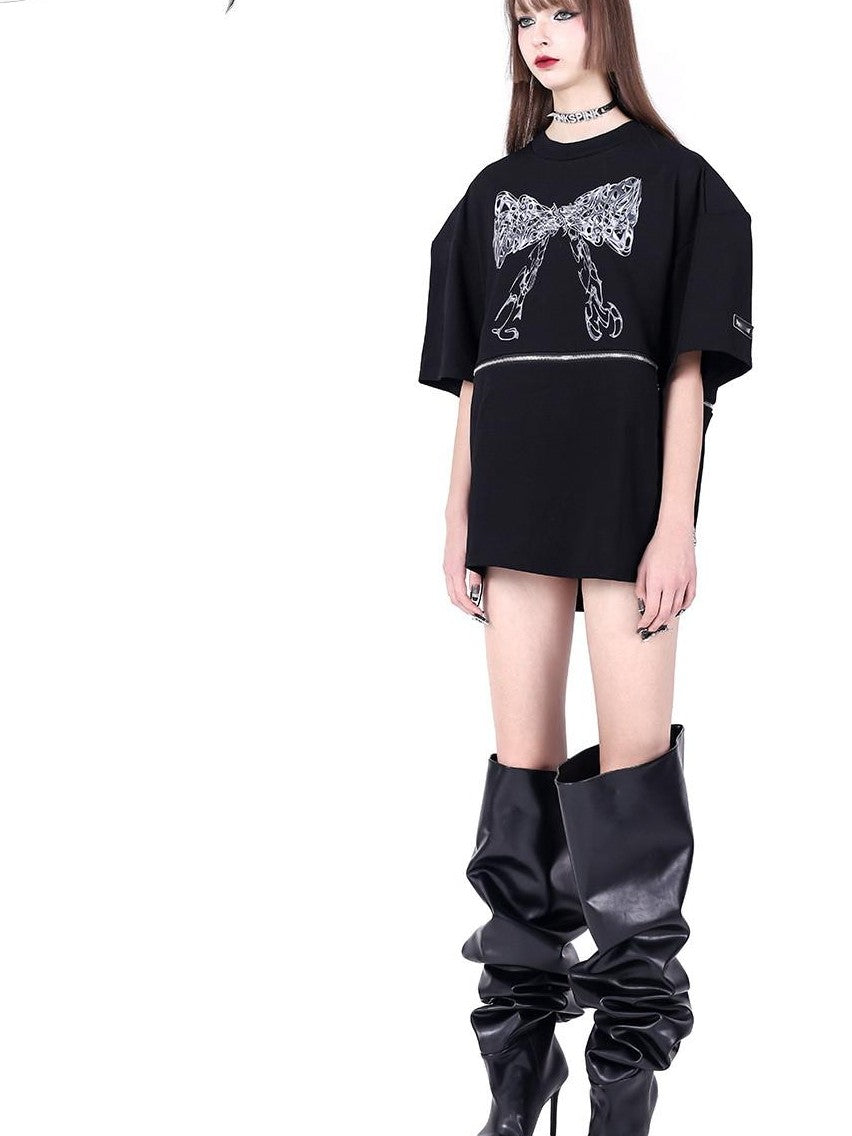 PINKSPINK Black Detachable Two Way Butterfly Print Loose Women's Short Sleeve T-shirts