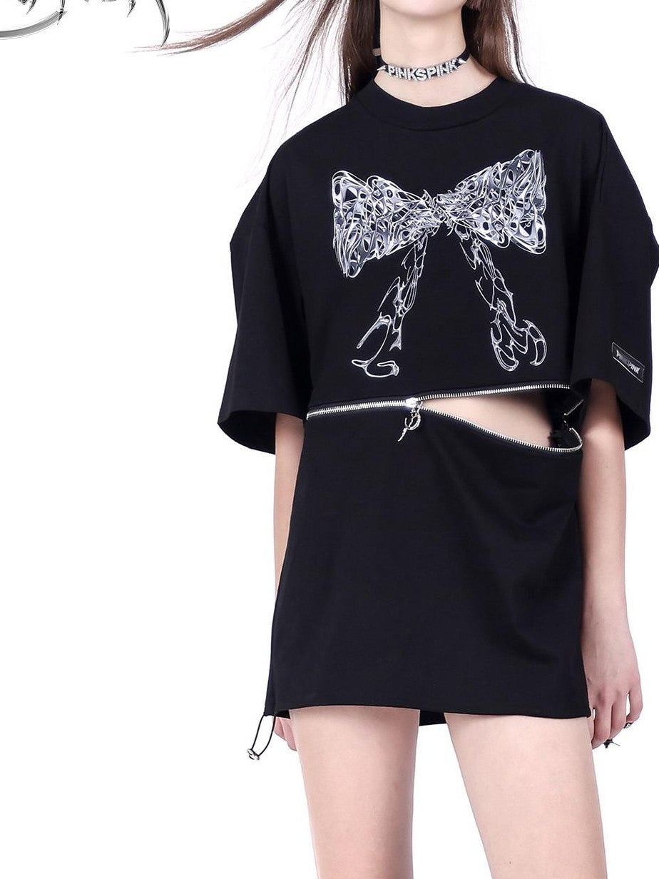PINKSPINK Black Detachable Two Way Butterfly Print Loose Women's Short Sleeve T-shirts