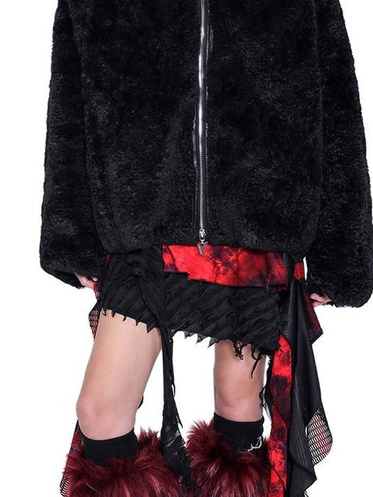 PINKSPINK Black Double Zipper Polo Collar Oversized Women's Shearling Fleece Jackets