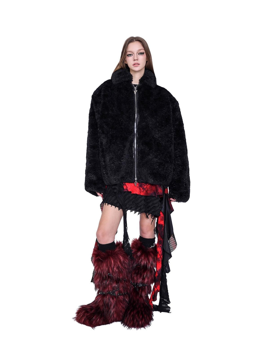 PINKSPINK Black Dual Zipper Polo Collar Loose Women's Faux Shearling Fleece Jackets