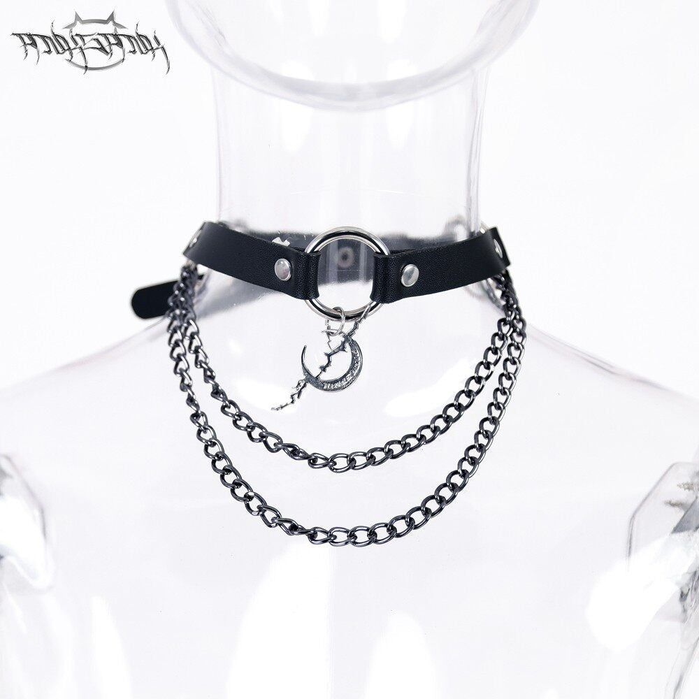PINKSPINK_Black_Electroplated_Studded_Punk_Layered_Moon_Pendant_Women's_Leather_Necklaces_669879743358_MISSTT