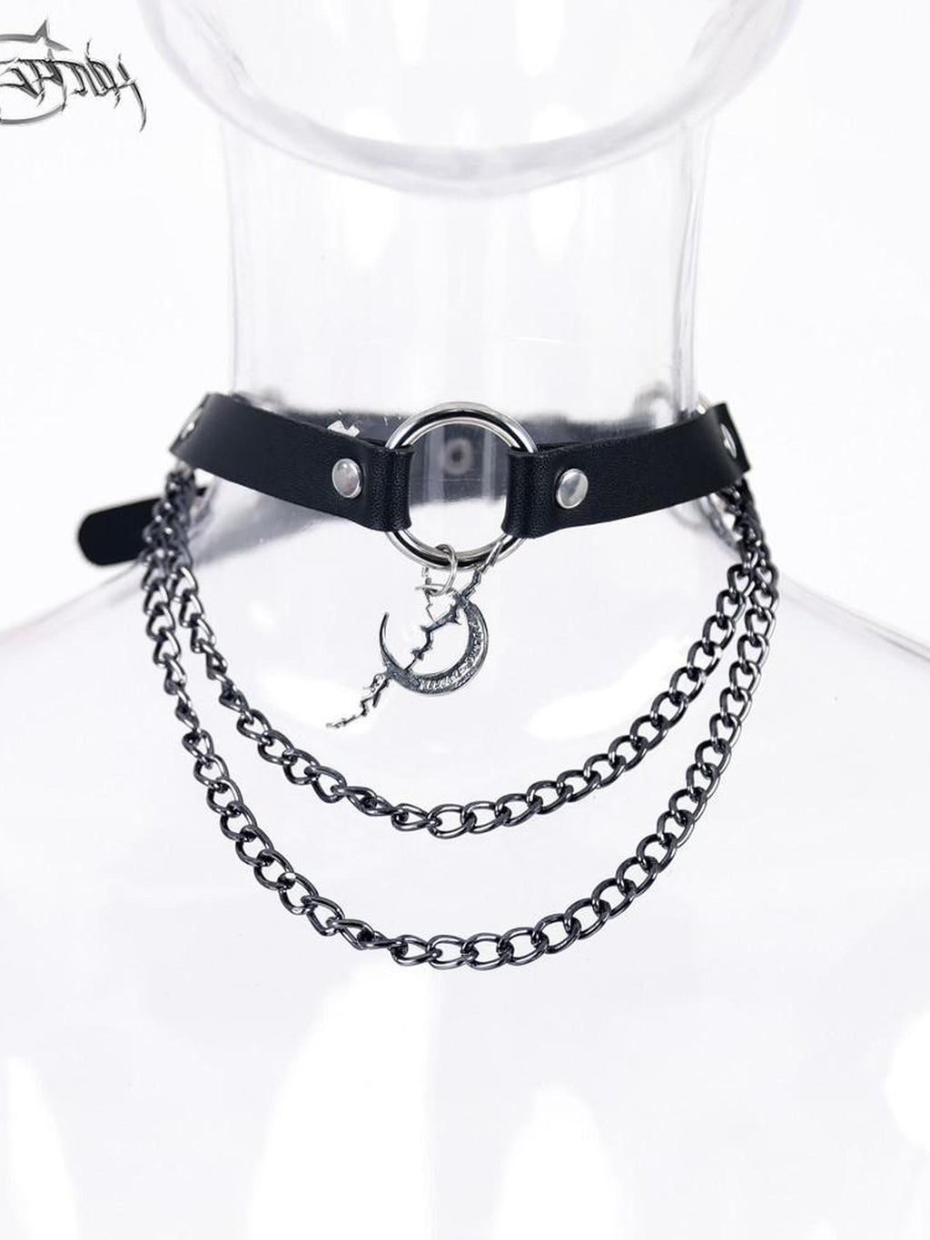 PINKSPINK Black Electroplated Studded Punk Layered Moon Pendant Women's Leather Necklaces