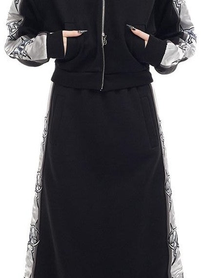 PINKSPINK Black Embroidered A Line Y2k Women's Polyamide Blend Maxi Skirts