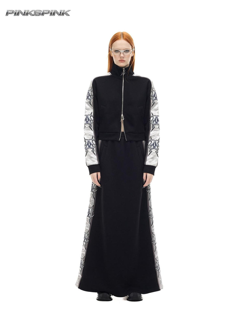 PINKSPINK Black Embroidered A Line Y2k Women's Polyamide Blend Maxi Skirts