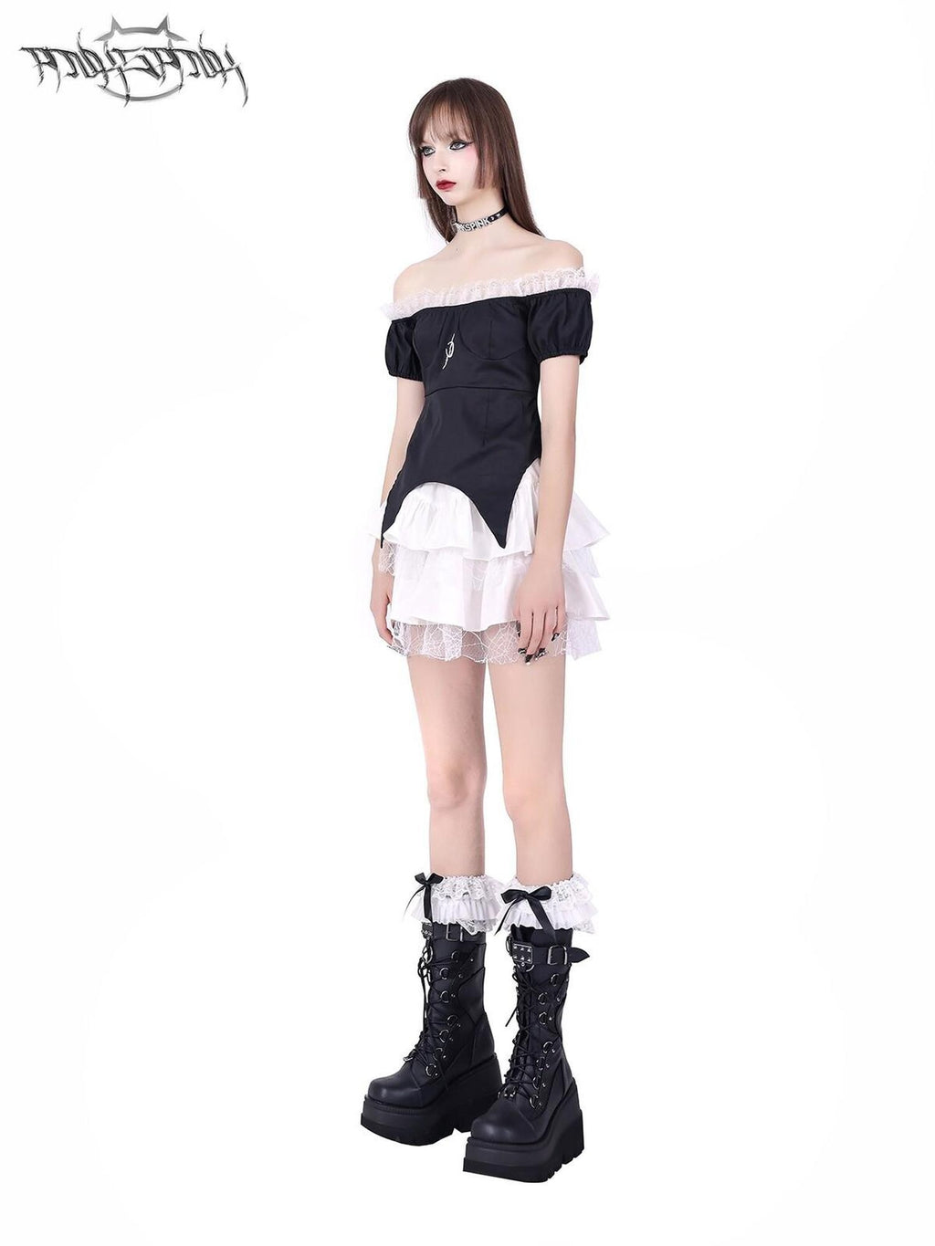 PINKSPINK Black Embroidered Butterfly Bow Two Piece Lolita Women's Off-shoulder Mini Dresses