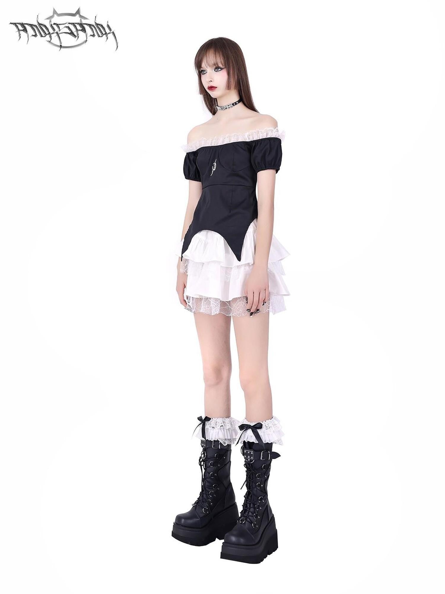 PINKSPINK Black Embroidered Butterfly Bow Two Piece Lolita Women's Off-shoulder Mini Dresses