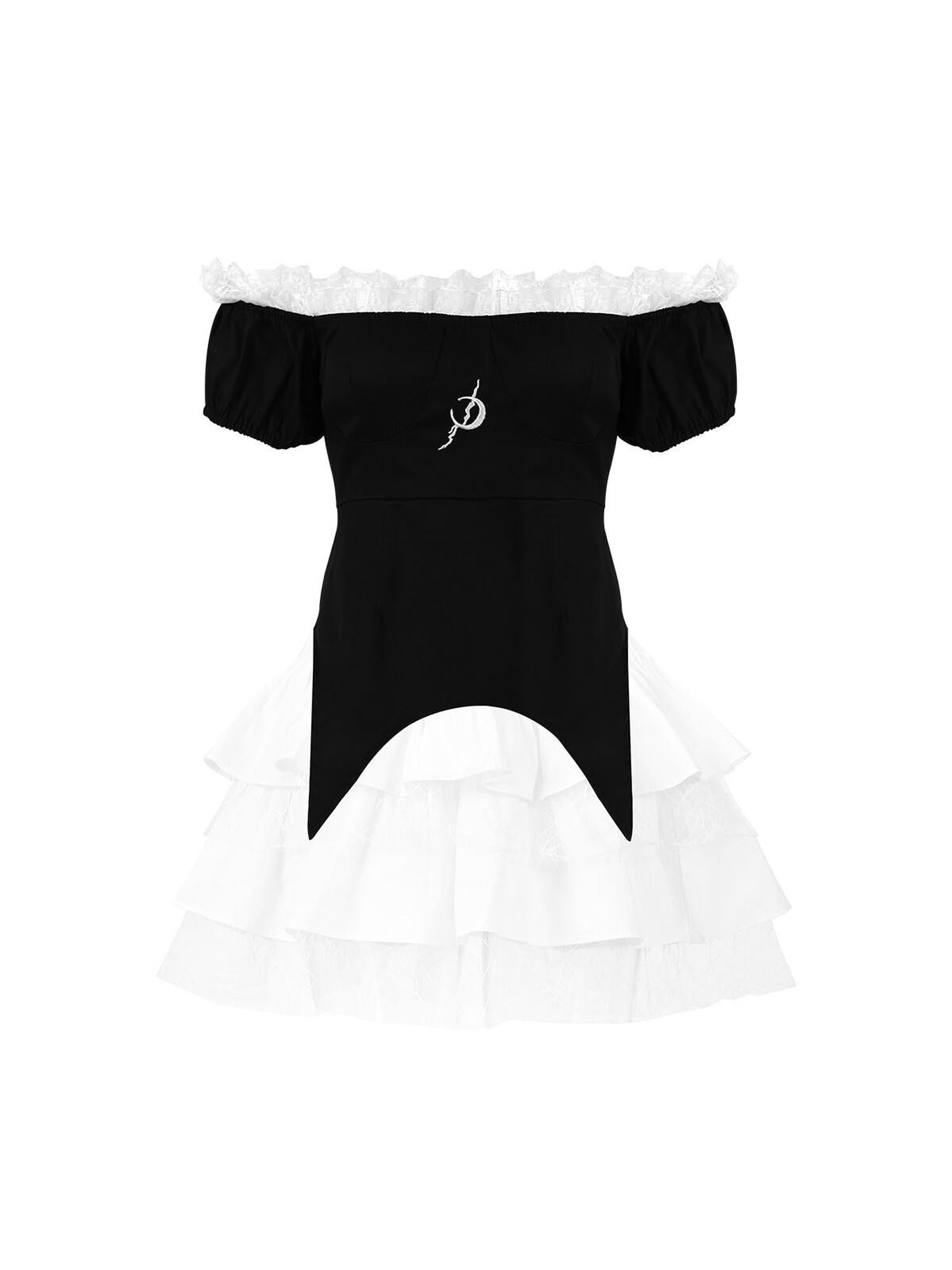 PINKSPINK Black Embroidered Butterfly Bow Two Piece Lolita Women's Off-shoulder Mini Dresses