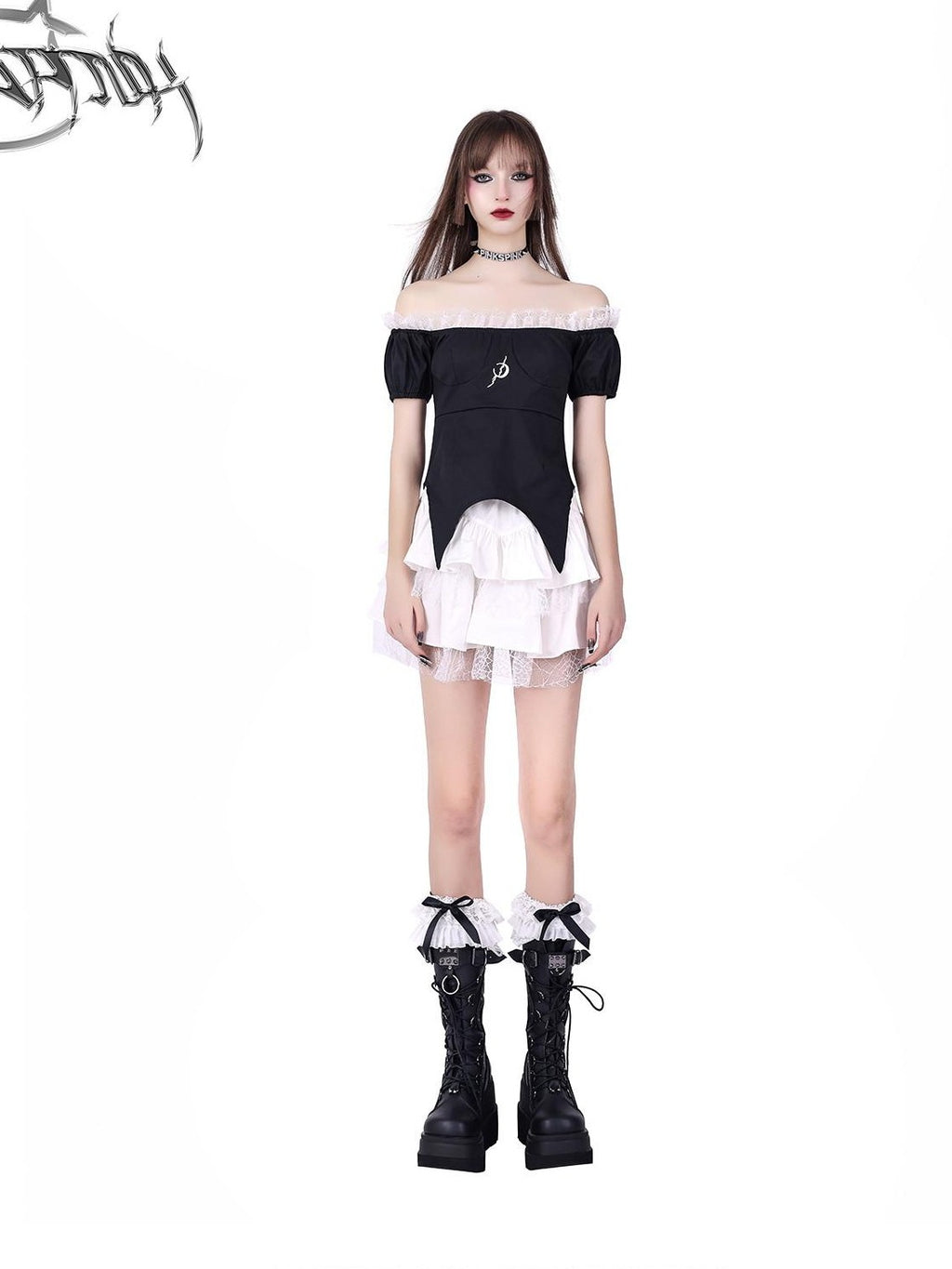 PINKSPINK Black Embroidered Butterfly Bow Two Piece Lolita Women's Off-shoulder Mini Dresses