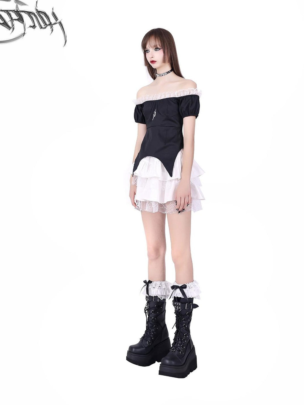 PINKSPINK Black Embroidered Butterfly Bow Two Piece Lolita Women's Off-shoulder Mini Dresses