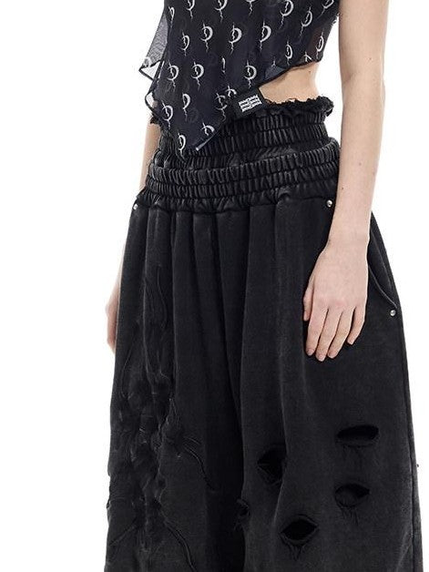 PINKSPINK Black Embroidered Hand Distressed Baggy Women's Cotton Capri Pants