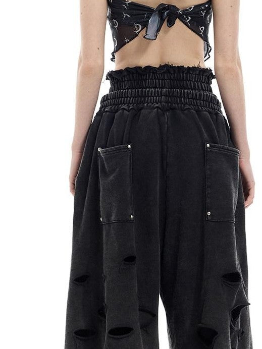 PINKSPINK Black Embroidered Hand Distressed Baggy Women's Cotton Capri Pants