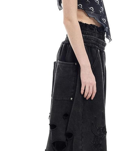 PINKSPINK Black Embroidered Hand Distressed Baggy Women's Cotton Capri Pants