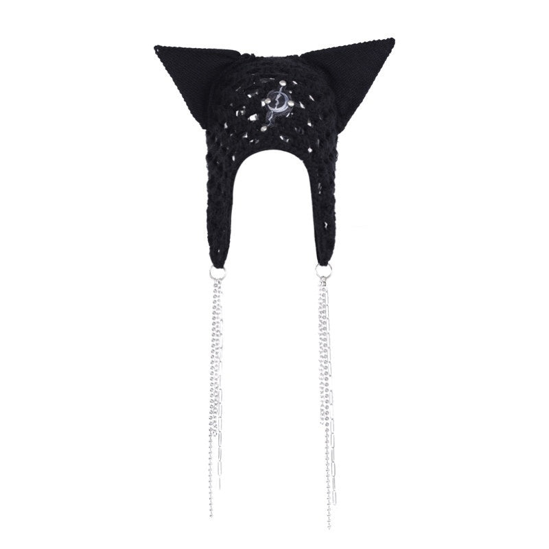 PINKSPINK_Black_Eyelet_Knitted_Chain_Pendant_Cat_Ear_Patterned_Women's_Cotton_Beanies_824417756265_MISSTT