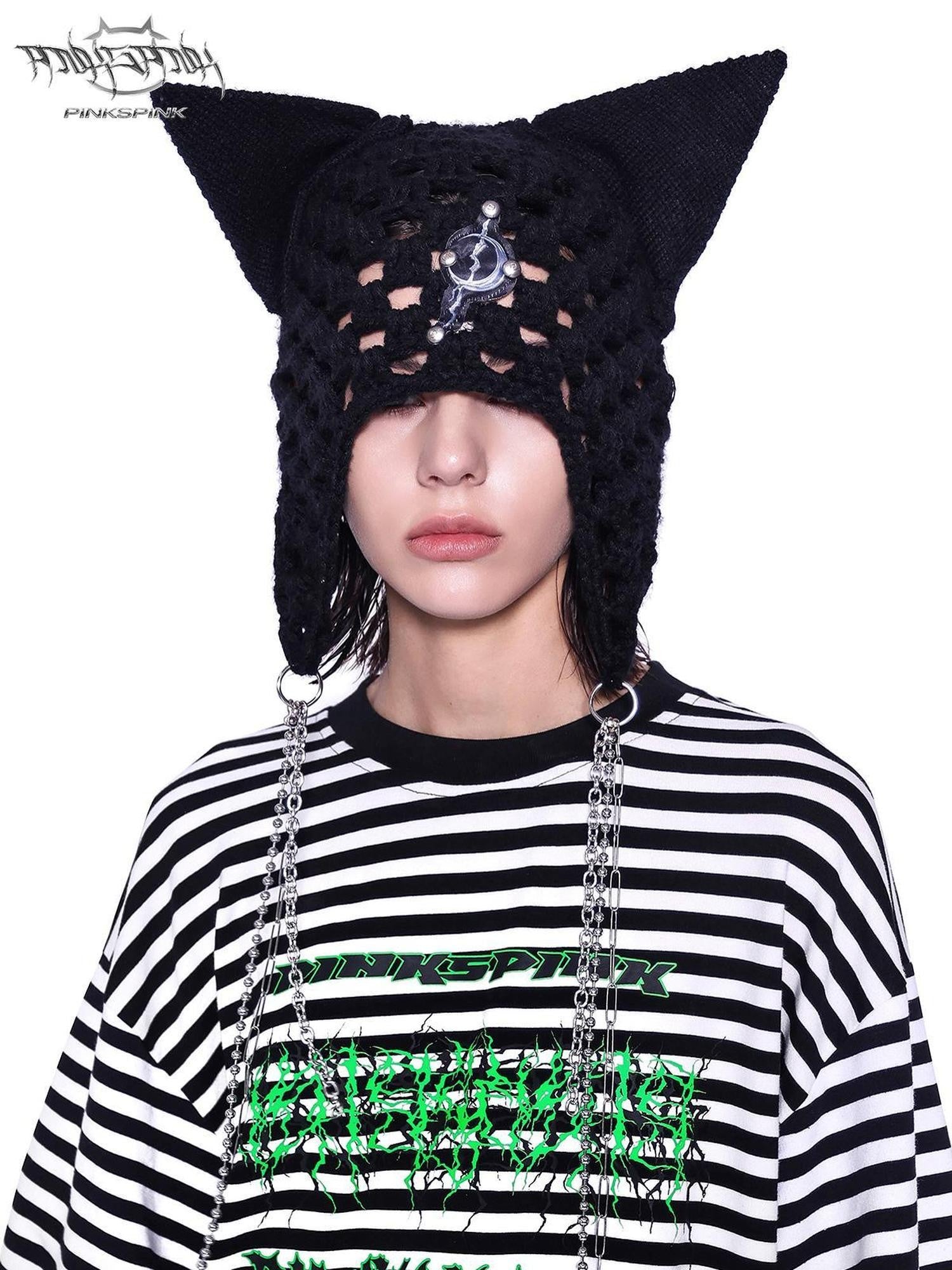 PINKSPINK Black Eyelet Knitted Chain Pendant Cat Ear Patterned Women's Cotton Beanies