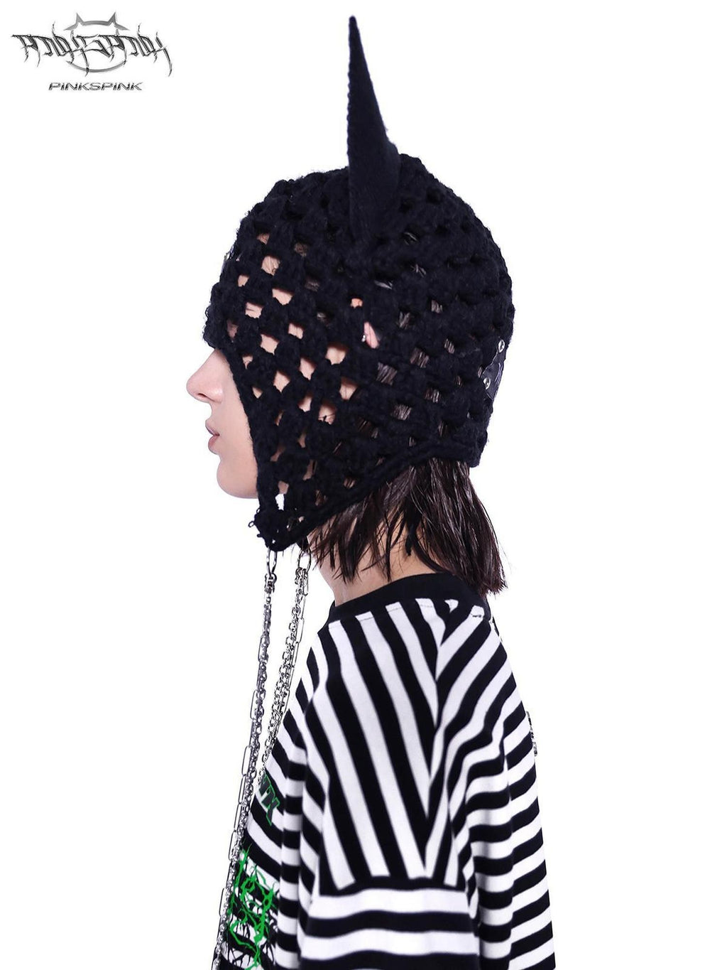 PINKSPINK Black Eyelet Knitted Chain Pendant Cat Ear Patterned Women's Cotton Beanies