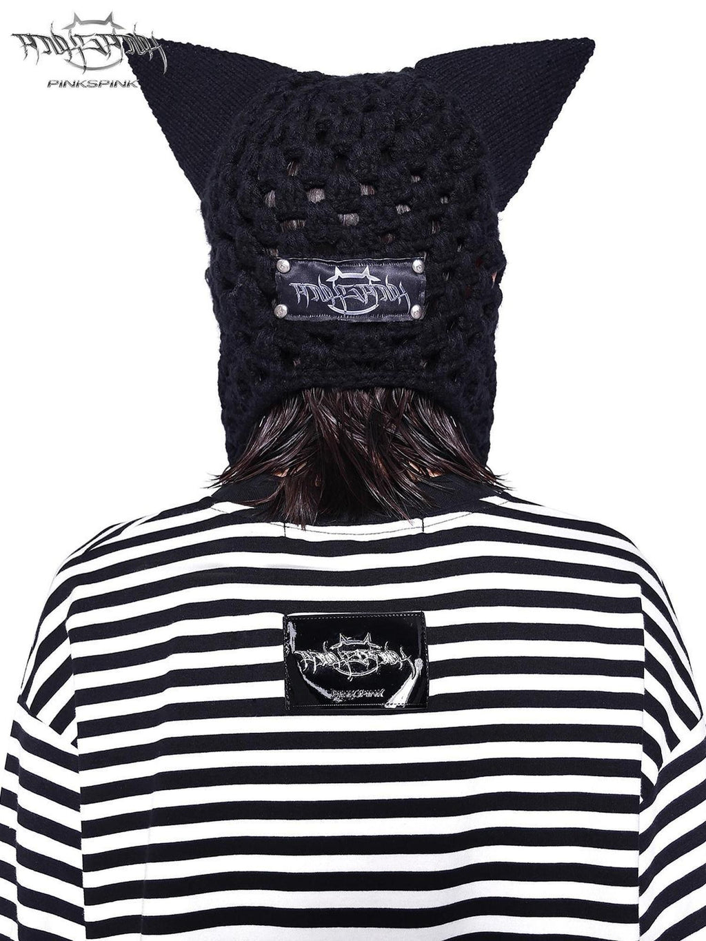 PINKSPINK Black Eyelet Knitted Chain Pendant Cat Ear Patterned Women's Cotton Beanies