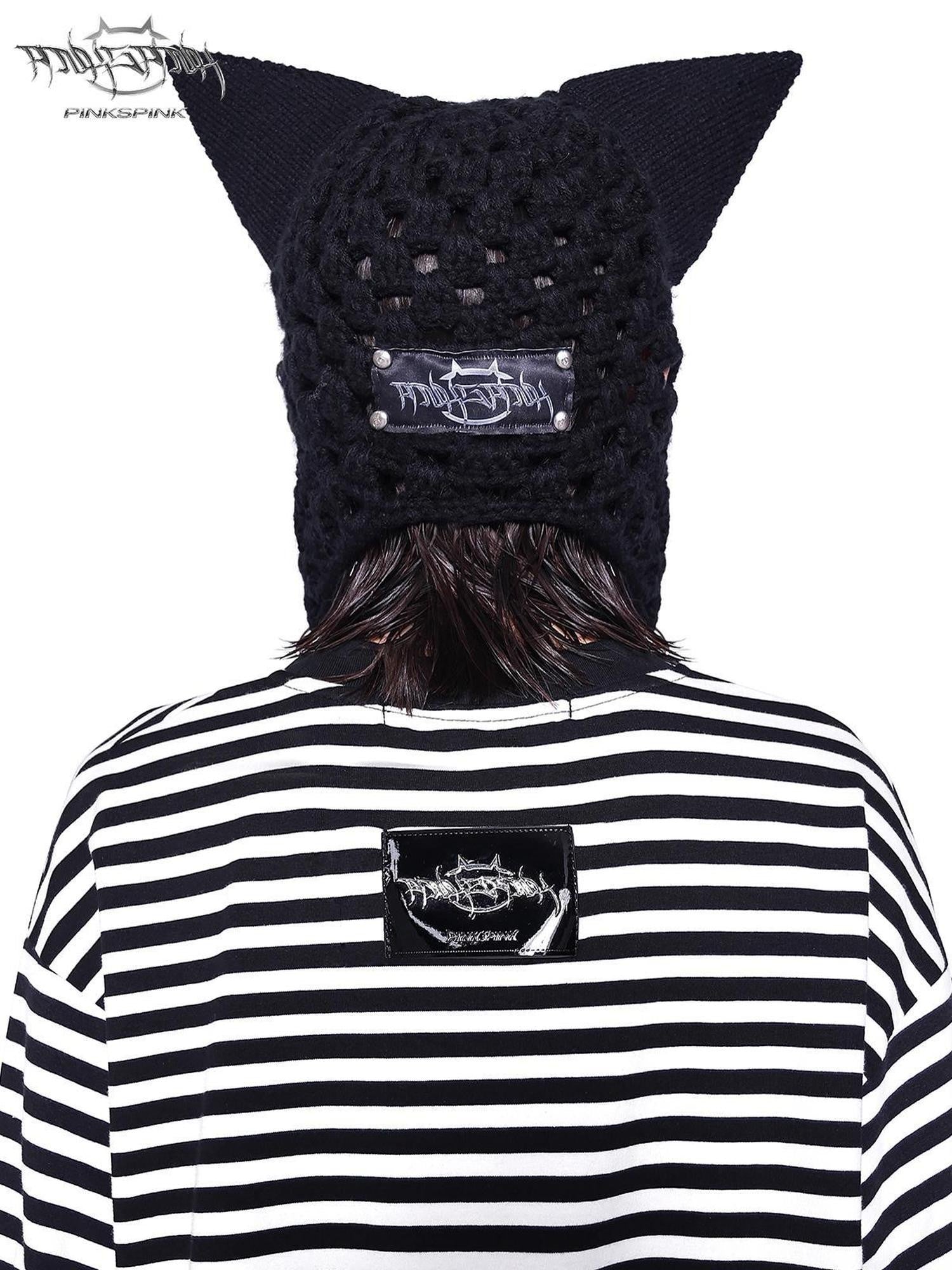 PINKSPINK Black Eyelet Knitted Chain Pendant Cat Ear Patterned Women's Cotton Beanies