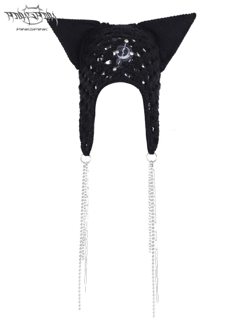 PINKSPINK Black Eyelet Knitted Chain Pendant Cat Ear Patterned Women's Cotton Beanies