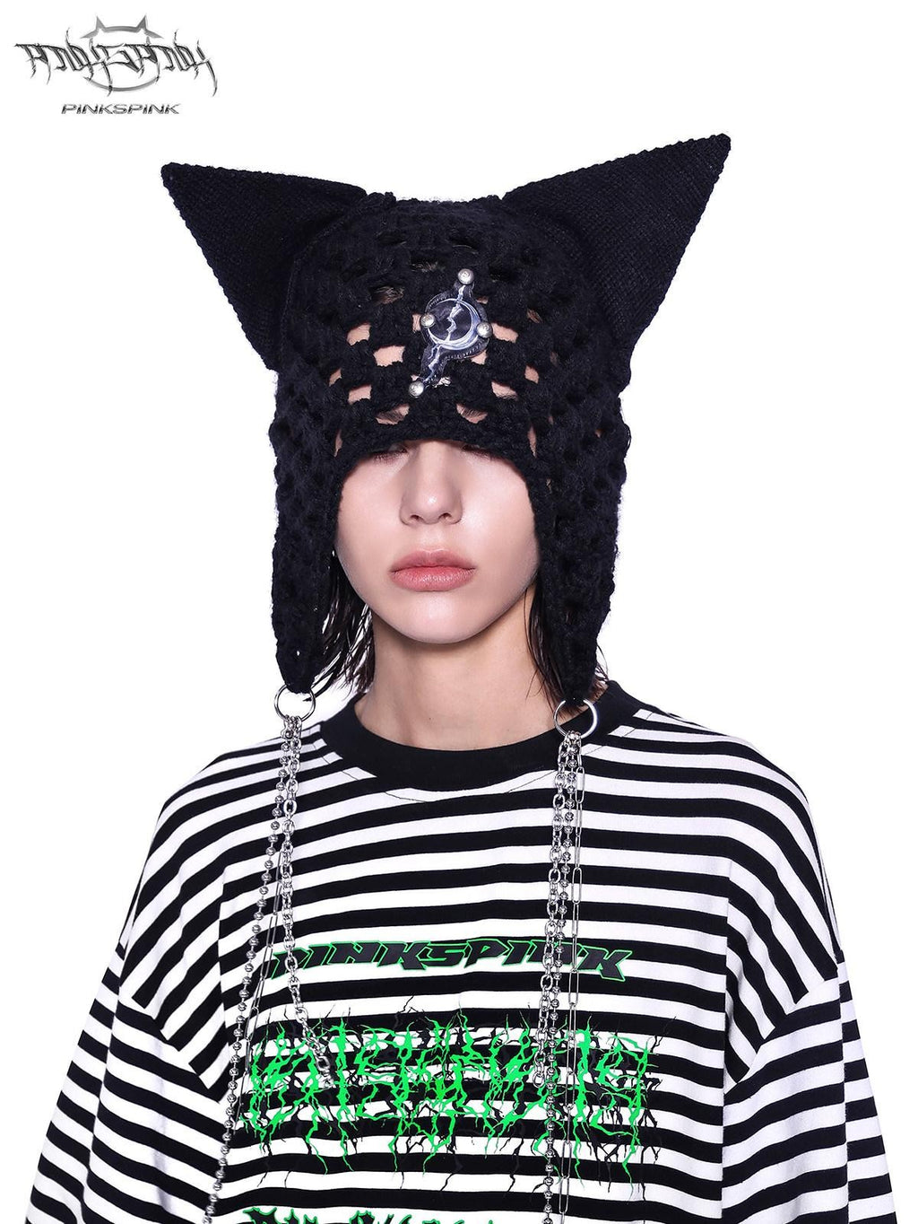 PINKSPINK Black Eyelet Knitted Chain Pendant Cat Ear Patterned Women's Cotton Beanies