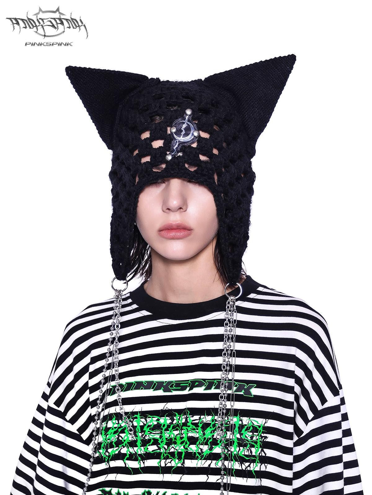 PINKSPINK Black Eyelet Knitted Chain Pendant Cat Ear Patterned Women's Cotton Beanies