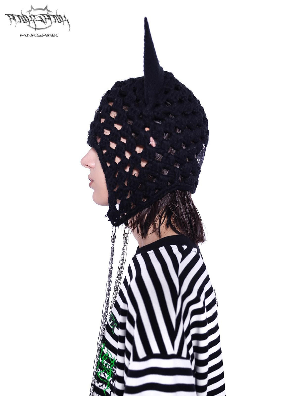 PINKSPINK Black Eyelet Knitted Chain Pendant Cat Ear Patterned Women's Cotton Beanies