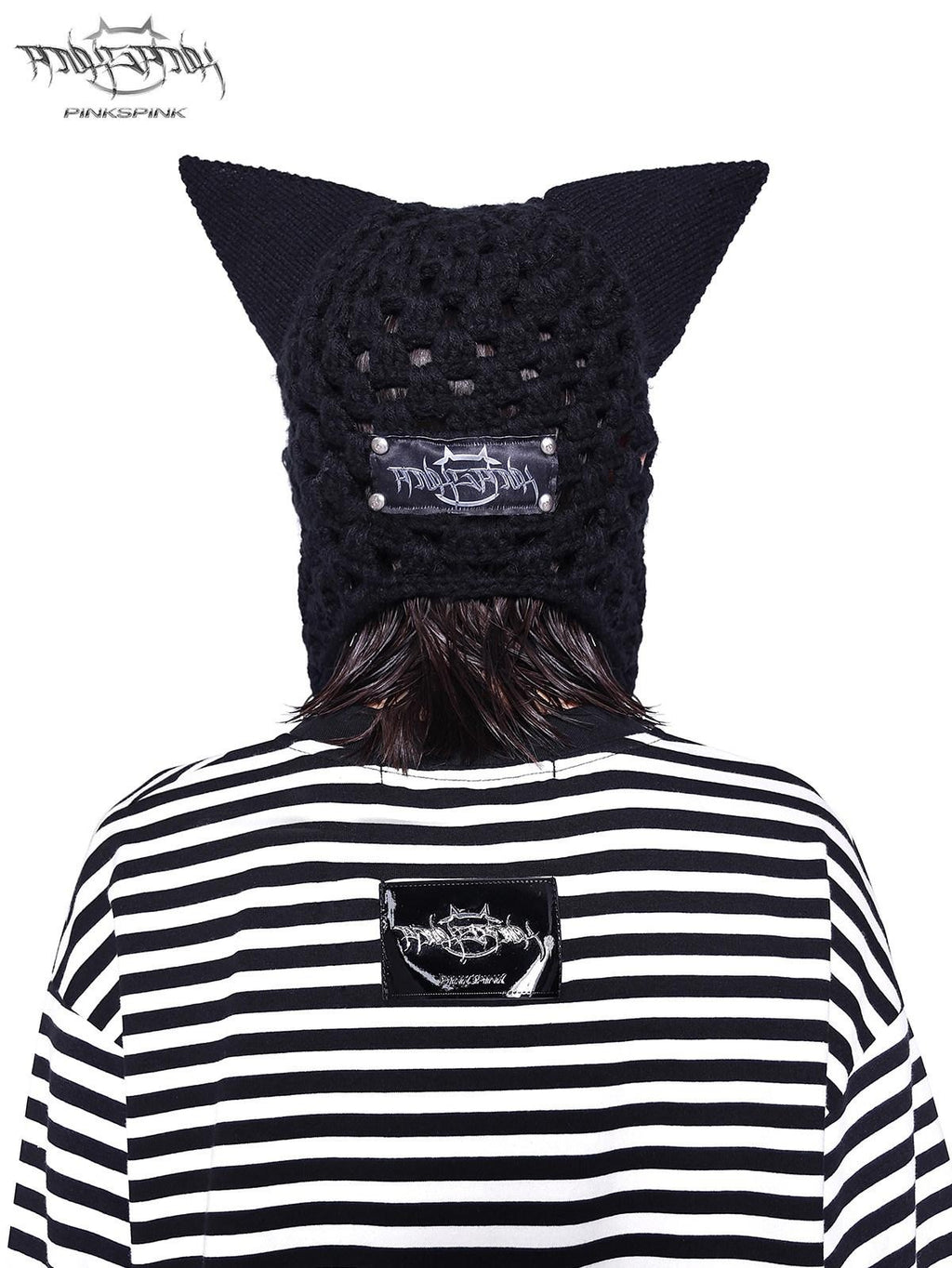 PINKSPINK Black Eyelet Knitted Chain Pendant Cat Ear Patterned Women's Cotton Beanies