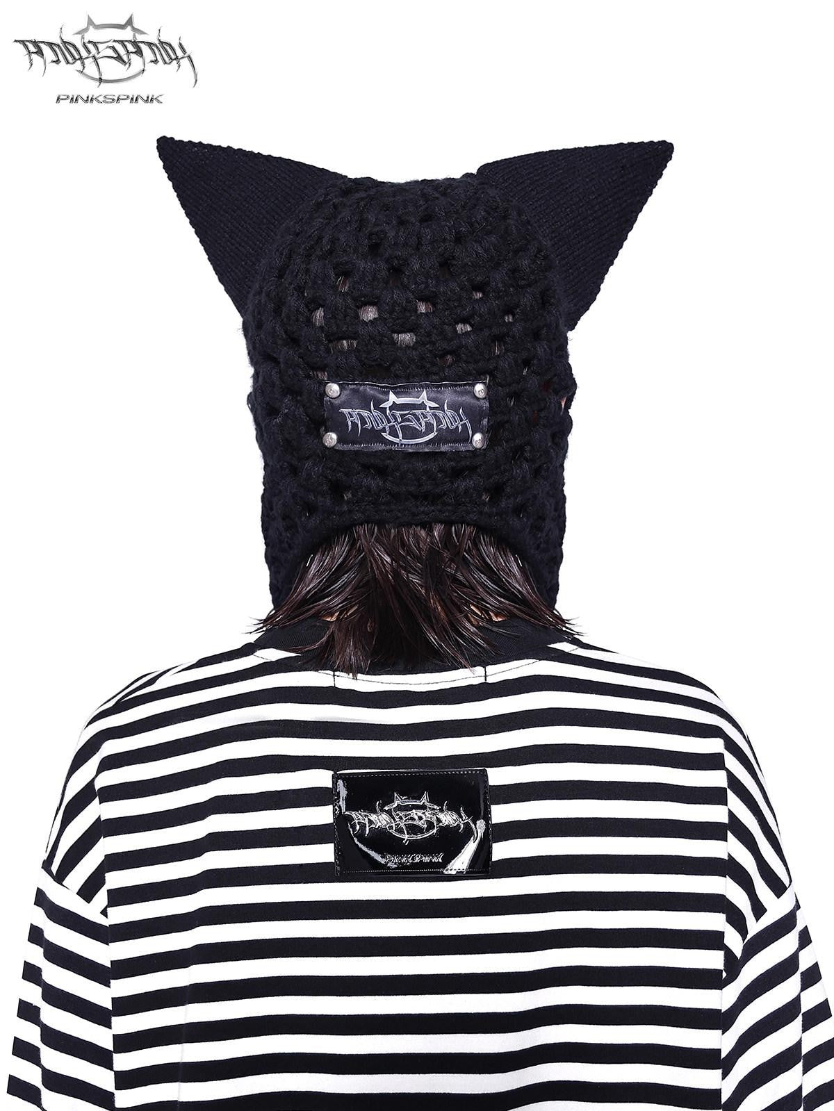PINKSPINK Black Eyelet Knitted Chain Pendant Cat Ear Patterned Women's Cotton Beanies