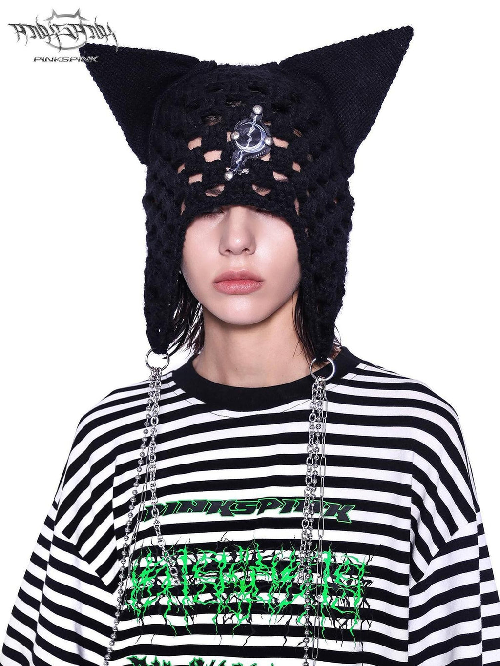 PINKSPINK Black Eyelet Knitted Hanging Chain Cat Ear Women's Cotton Beanies