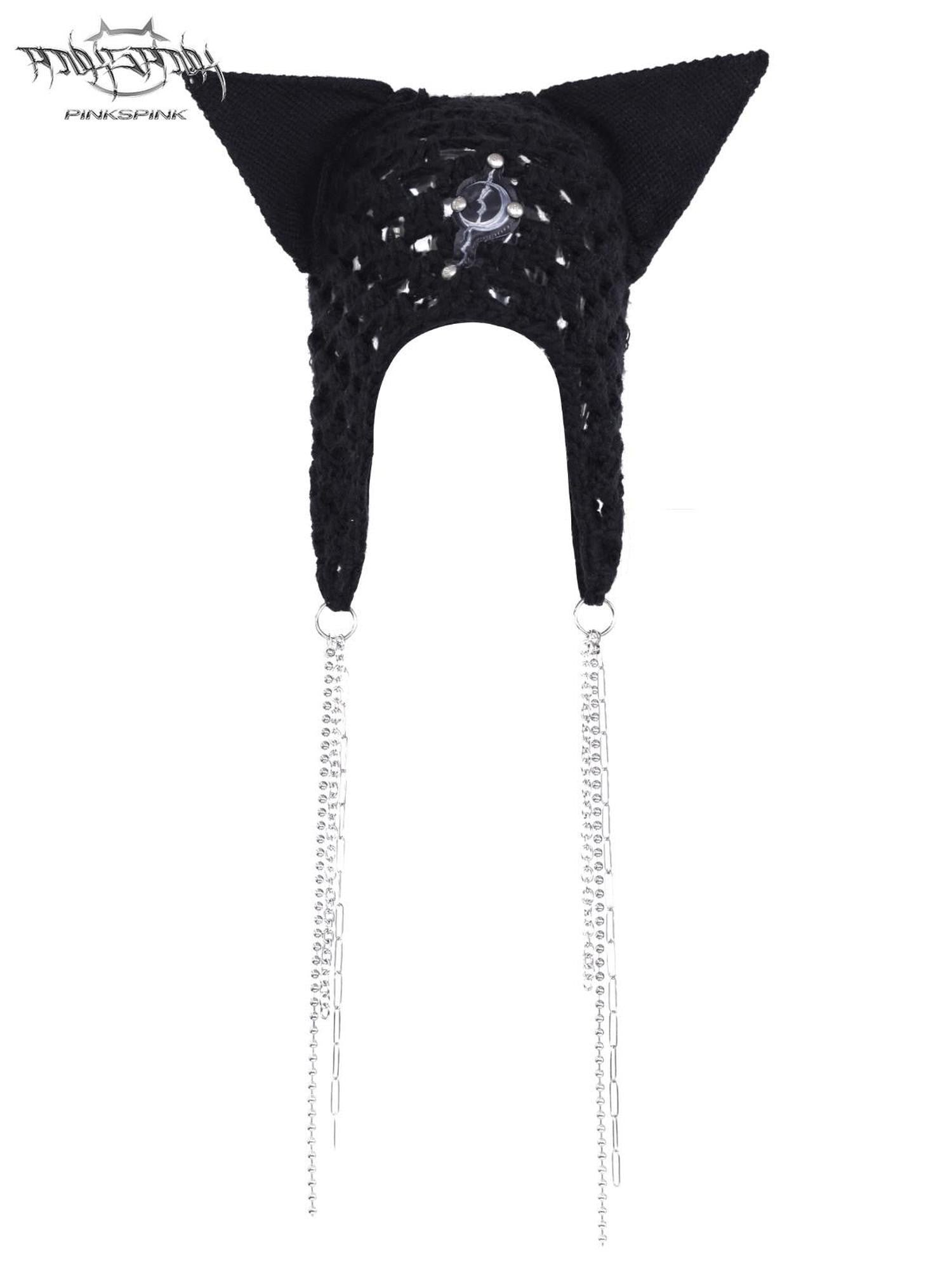 PINKSPINK Black Eyelet Knitted Hanging Chain Cat Ear Women's Cotton Beanies