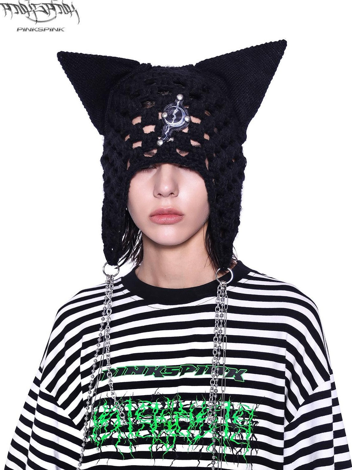 PINKSPINK Black Eyelet Knitted Hanging Chain Cat Ear Women's Cotton Beanies