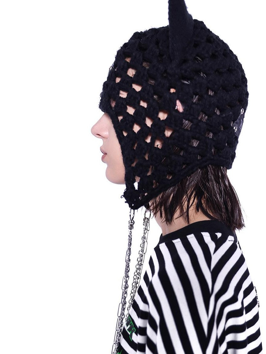 PINKSPINK Black Eyelet Knitted Hanging Chain Cat Ear Women's Cotton Beanies