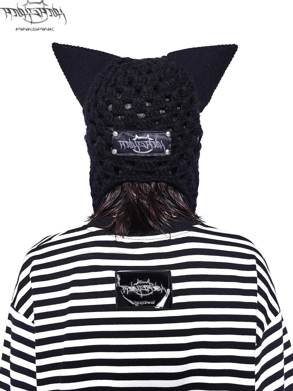 PINKSPINK Black Eyelet Knitted Hanging Chain Cat Ear Women's Cotton Beanies