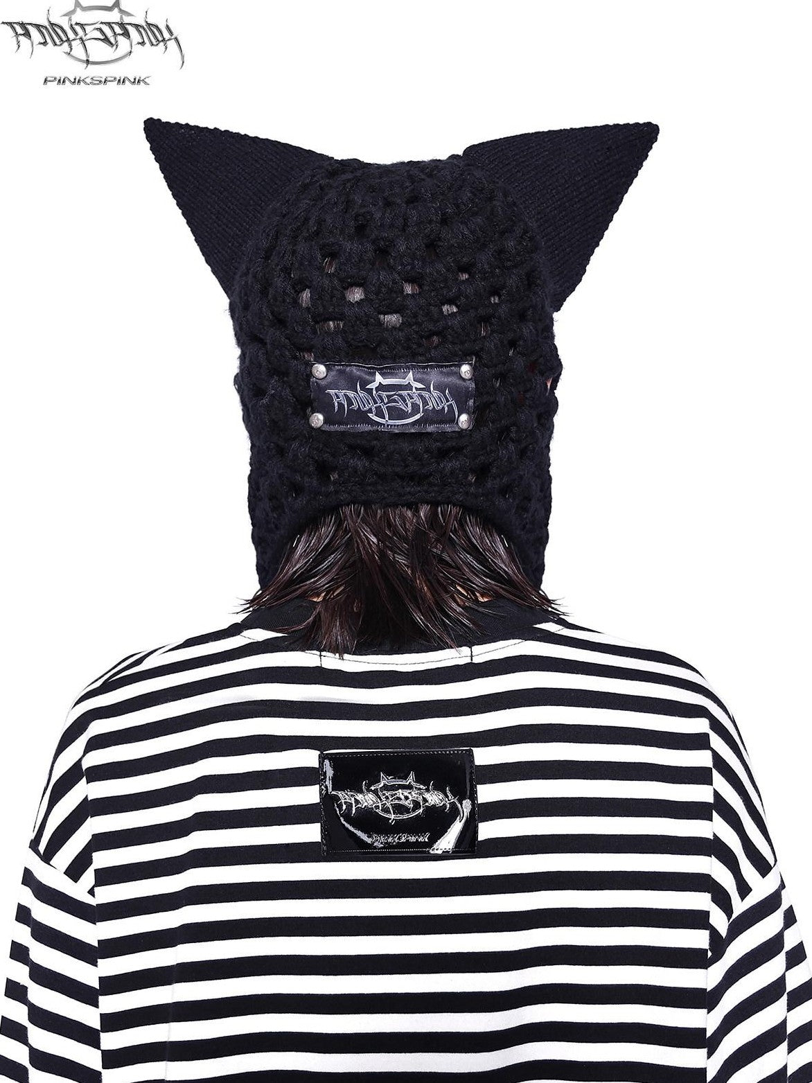 PINKSPINK Black Eyelet Knitted Hanging Chain Cat Ear Women's Cotton Beanies