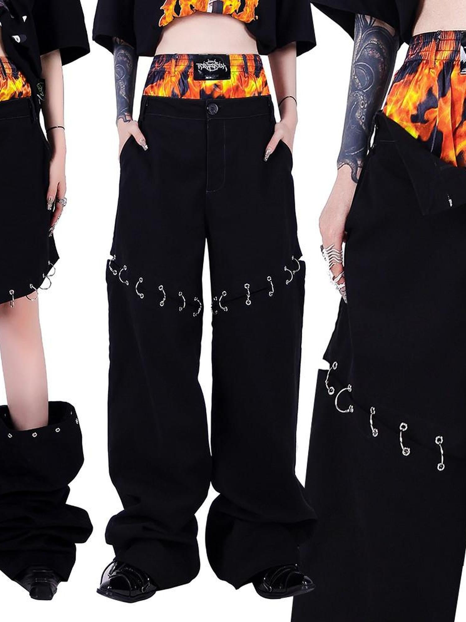 PINKSPINK Black Flame Pattern Double Waist Detachable Ring Women's Straight-leg Pants